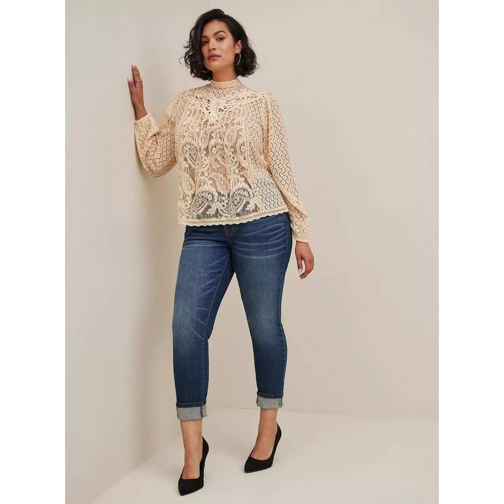 Torrid Mixed Lace High Neck Long Sleeve Blouse Beige Cream 2 2X Victorian - Picture 4 of 10